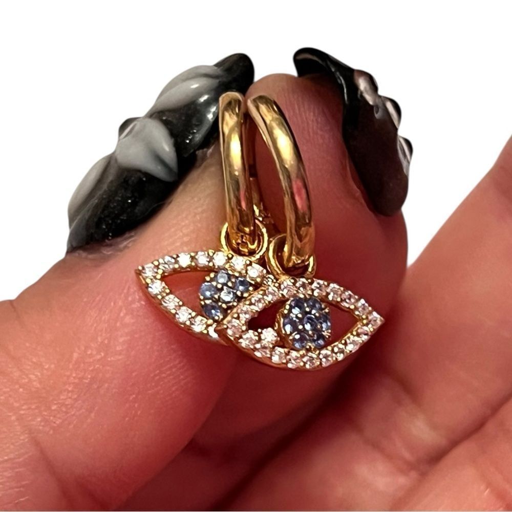 Dainty Gold Over Sterling Silver Crystal Blue Evil Eye Hoop Earrings